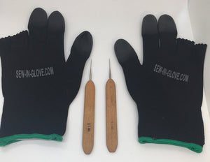 Two Black Insta-Loc Gloves and Two 0.05 Crochet Hook Needles