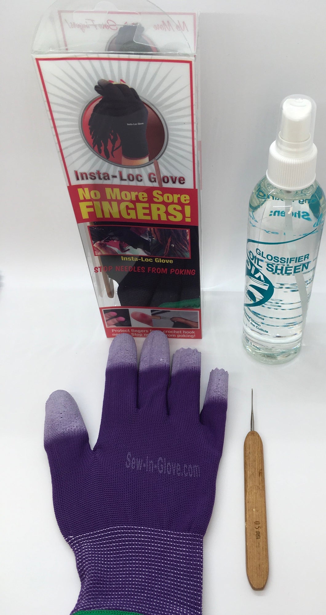 One Purple Insta-Loc Glove one 0.05 Crochet Hook Needle and One Moisturizing  Mist  Oil Sheen