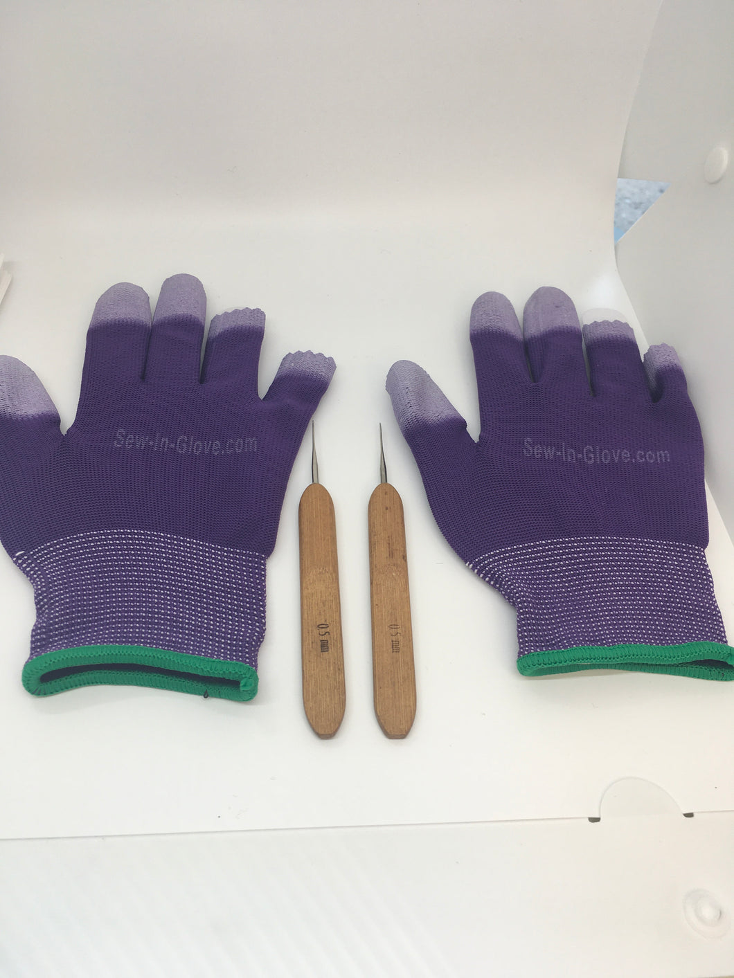 Two Purple Insta -Loc Glove and Two 0.05 Crochet Hook Needle